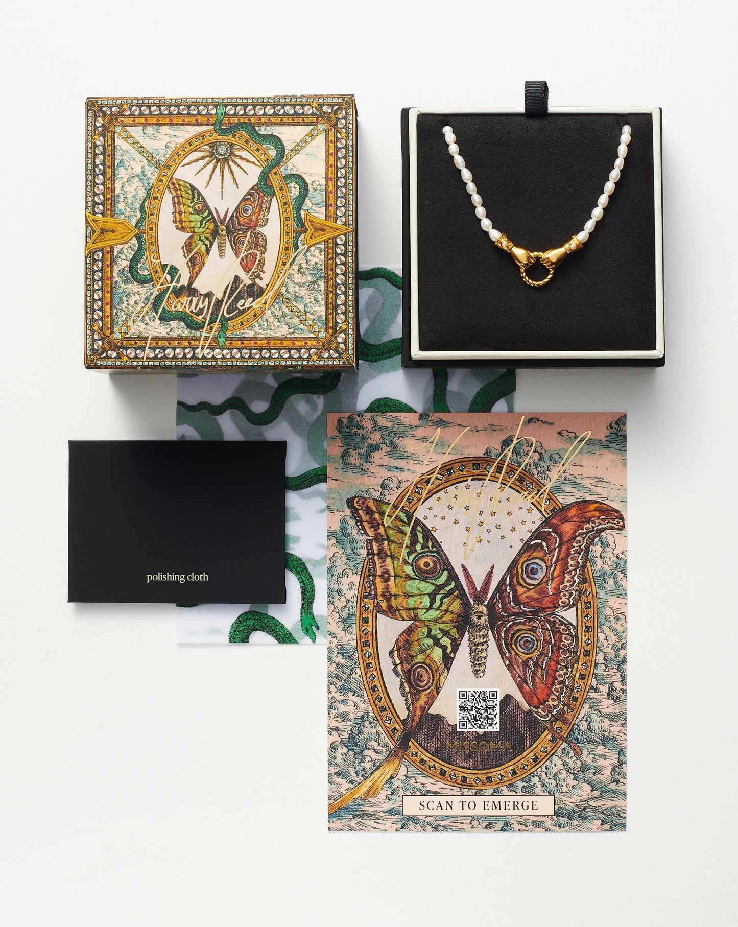 Harris Reed Solid Gold Serpent Necklace | 14ct Solid Gold/Pearl & Diamond
