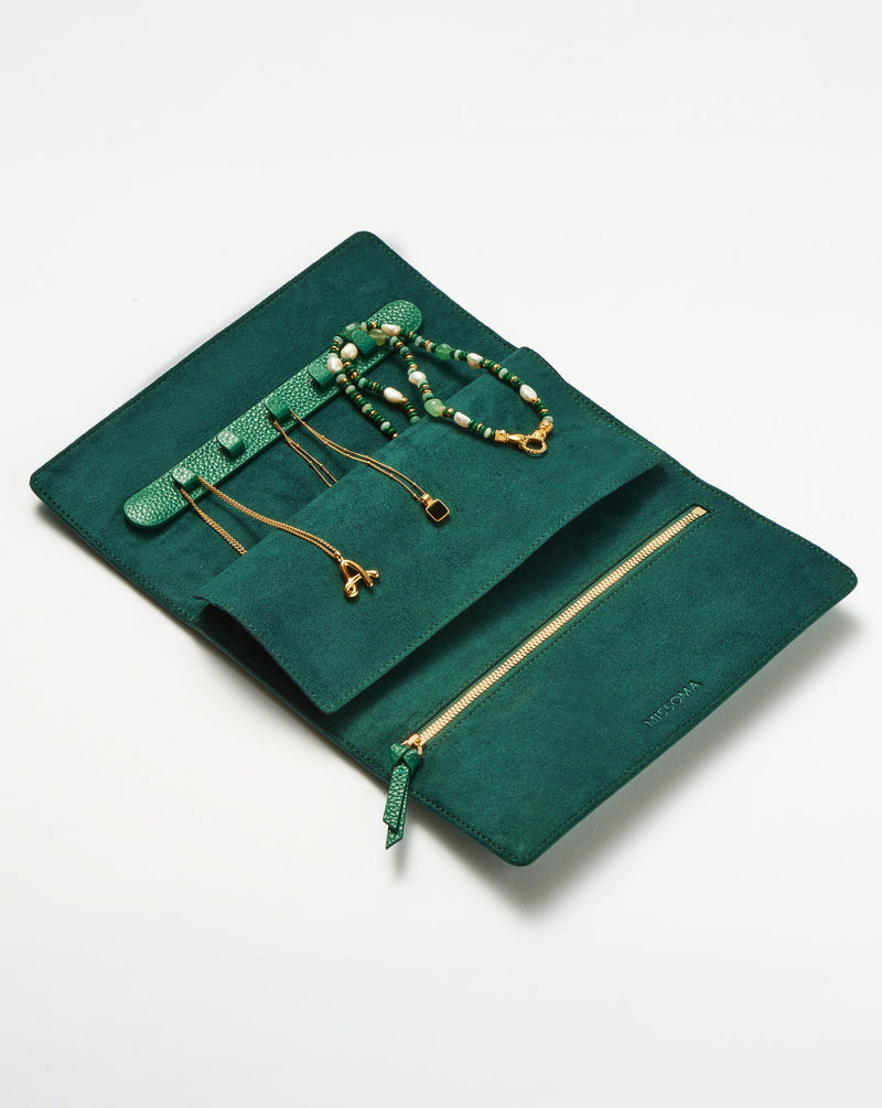 Leather Jewellery Roll | Malachite Green detail view
